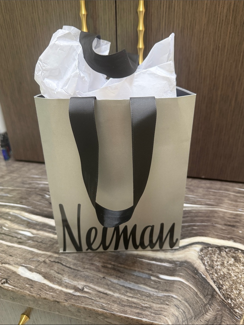 Neiman Marcus Small Silver Gift Bag with Black Ribbon Handles